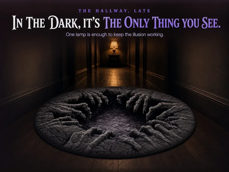 A dark hallway at night where a single lamp lights only the illusion rug's grey climbing hands.