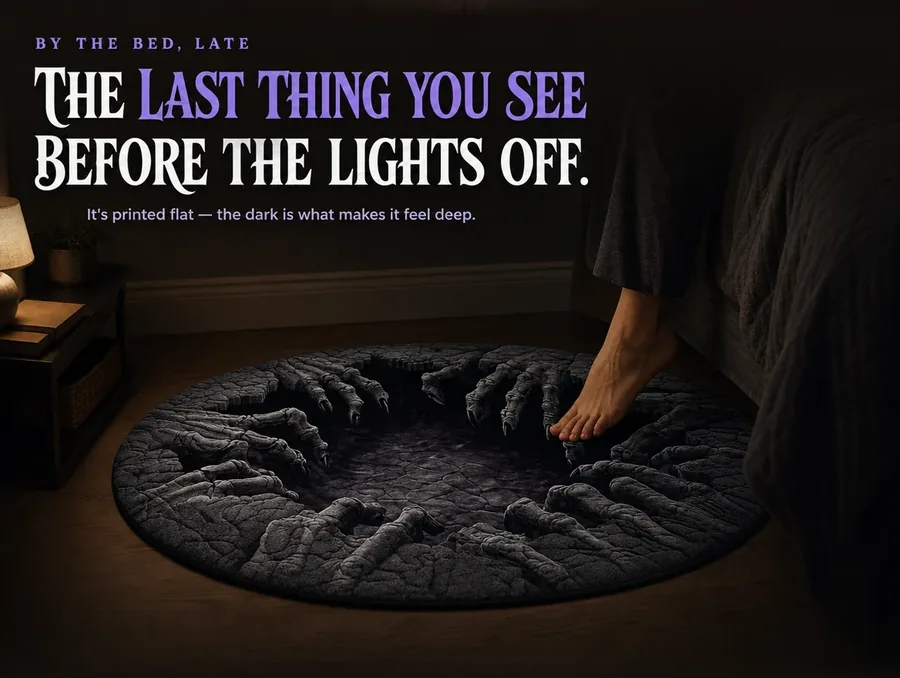 A bare foot stepping near a bedroom illusion rug in near-total darkness, its printed pit at its most convincing.