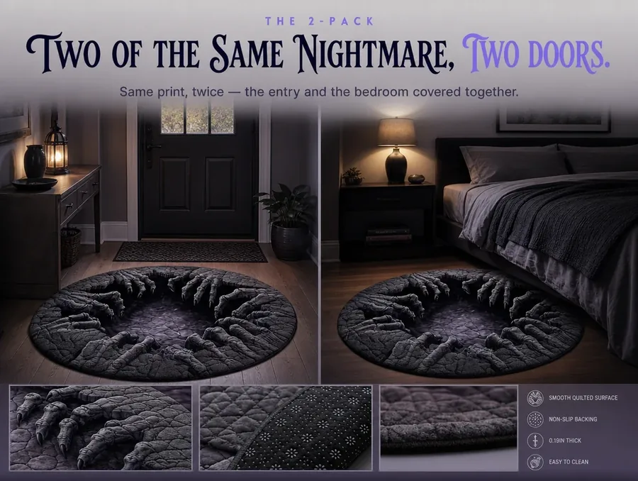 Two matching illusion rugs of the same design placed at a front entryway and a bedside.