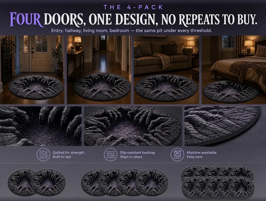 Four matching illusion rugs of the same design placed through an entryway, hallway, living room and bedroom.