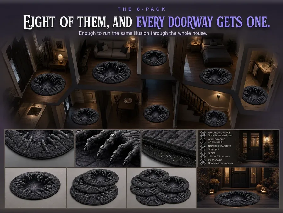 Eight matching illusion rugs of the same design spread across doorways throughout a house at night.