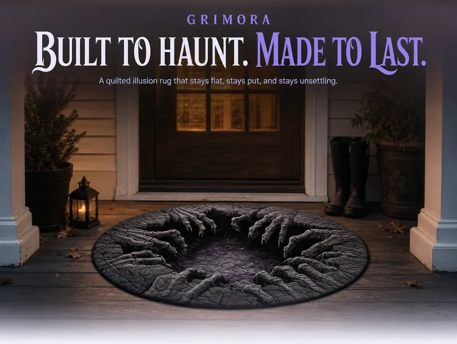 A calm, warm-lit entryway at night with the illusion rug laid at the center of the floor.
