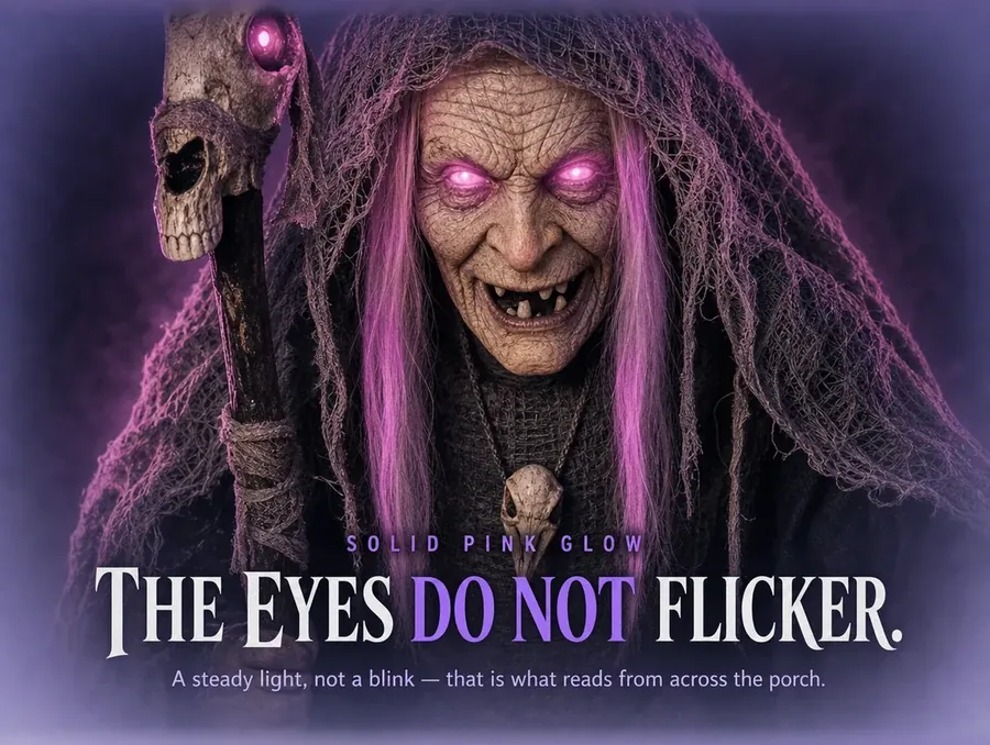 Close macro of her weathered face, both eyes holding a steady solid pink glow.