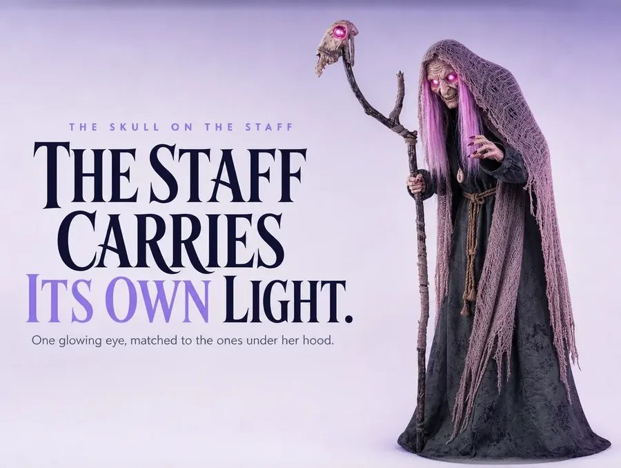 The carved bone skull on top of her staff, cut out on a pale ground, one eye glowing pink.
