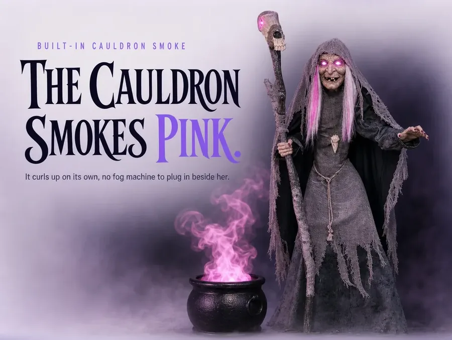 Studio macro of her cauldron with pink smoke curling up, her hand reaching over the rim.