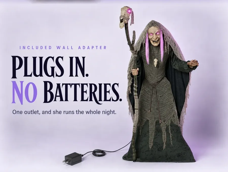 Studio macro of her plug-in power adapter and cord resting beside the hem of her robe.