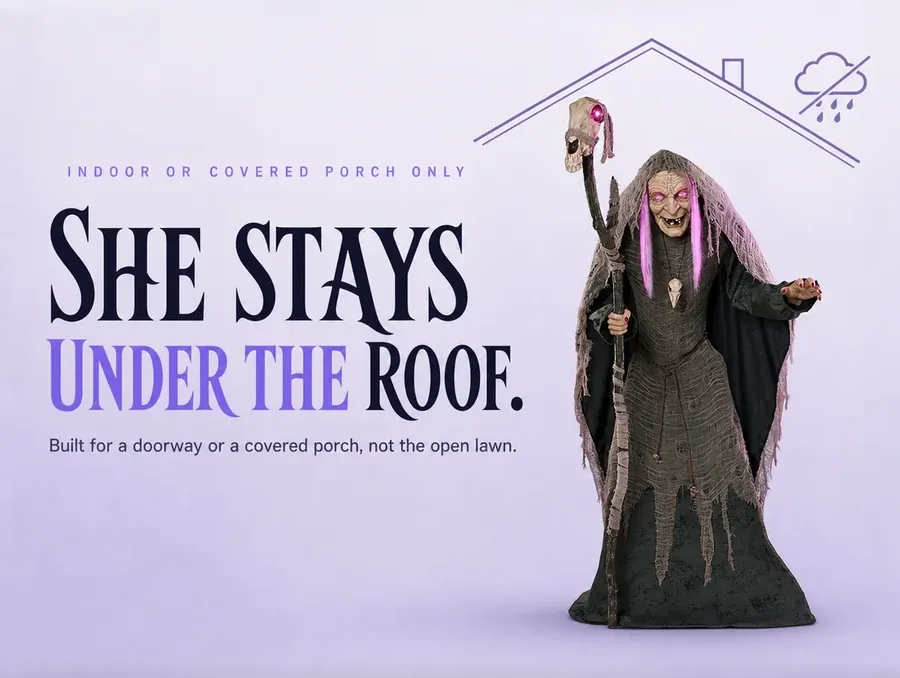 She stands beside a simple porch-roof icon and a crossed-out raincloud, marking indoor or covered use only.