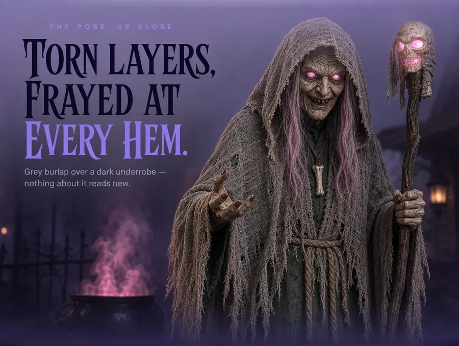 Close crop of her torn grey burlap robe layered over a dark underrobe, frayed at the hems.