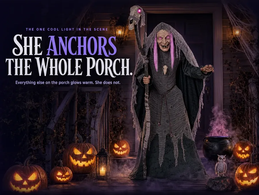 She stands over a staged porch display with jack-o-lanterns and fog, her pink glow the one cool light in the scene.