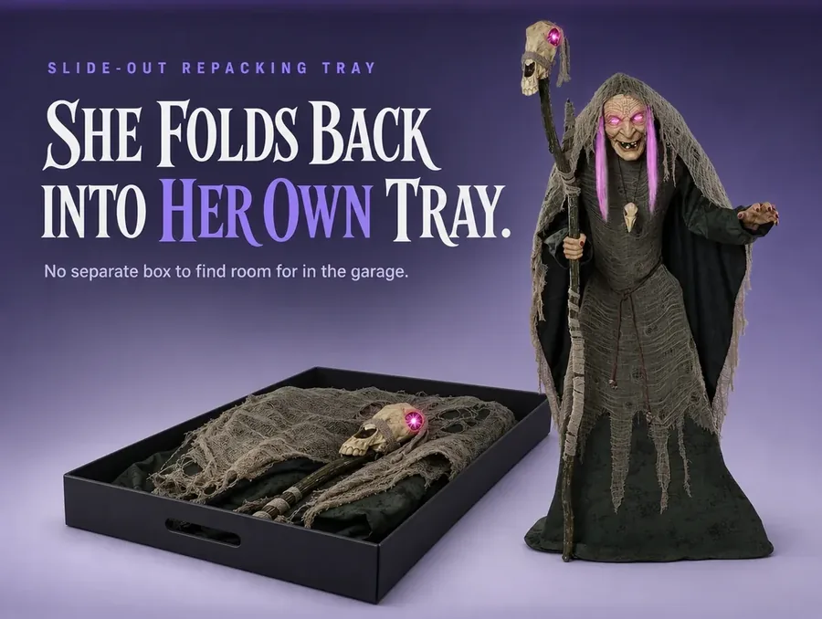 Her robe folded flat into a black slide-out storage tray on a pale studio ground.