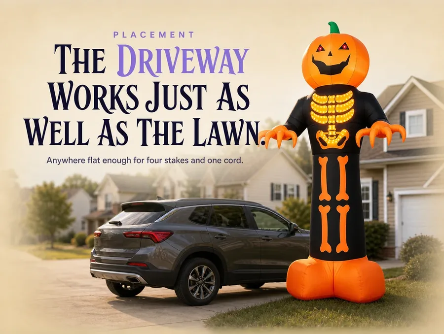 The reaper staked at the edge of a driveway in daylight beside a parked car.
