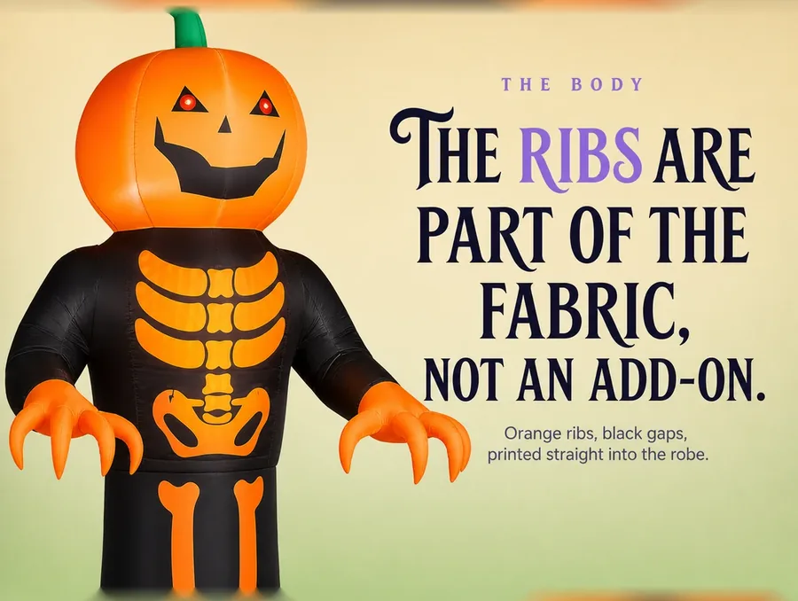 Macro of the bright orange ribcage printed on the black fabric torso.