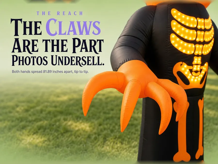 Macro of one oversized clawed orange hand with long curved talons.