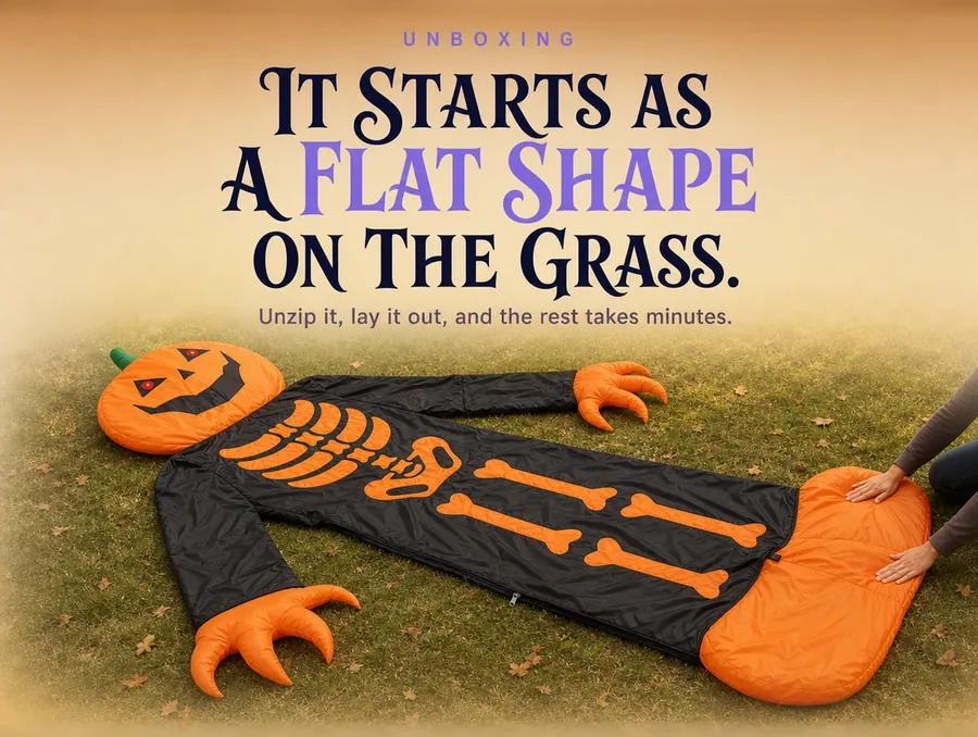 The deflated figure unzipped and laid out flat across a lawn in late-afternoon light.