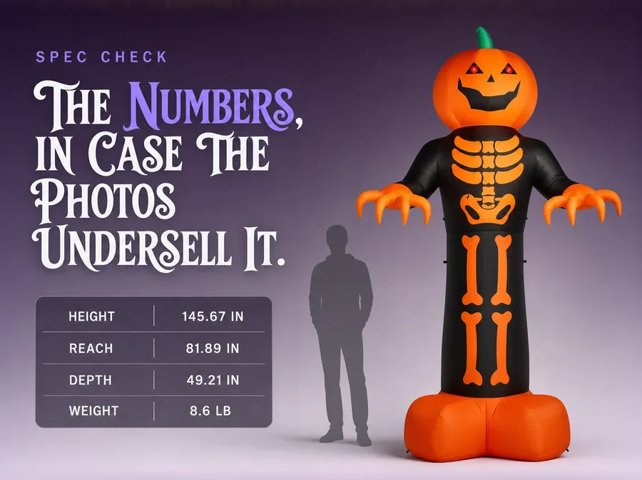 Studio shot of the figure beside a human silhouette and a spec card with its measurements.