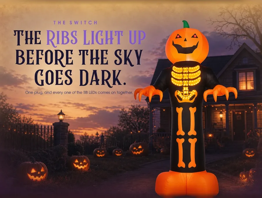 The ribcage and leg LEDs glowing warm orange as dusk deepens toward night.