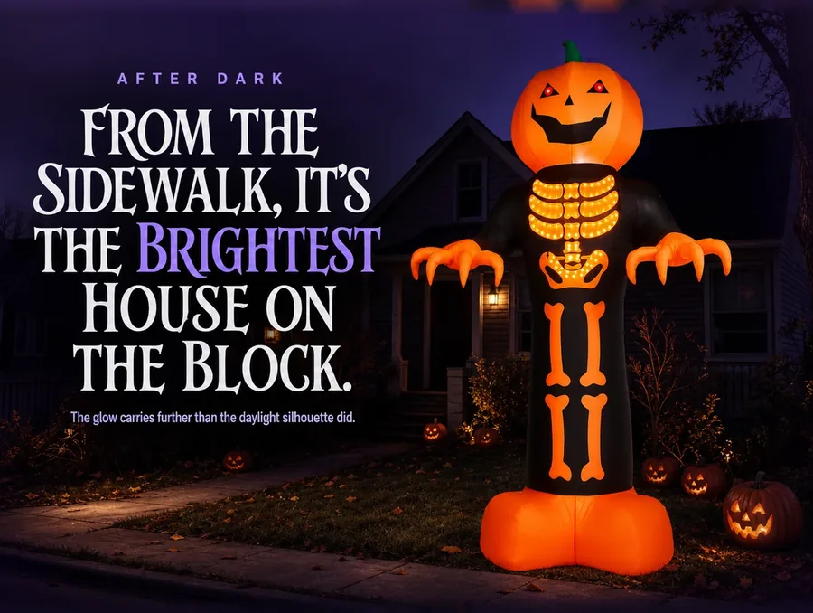 Seen from the sidewalk at night, the glowing reaper the brightest thing on the street.