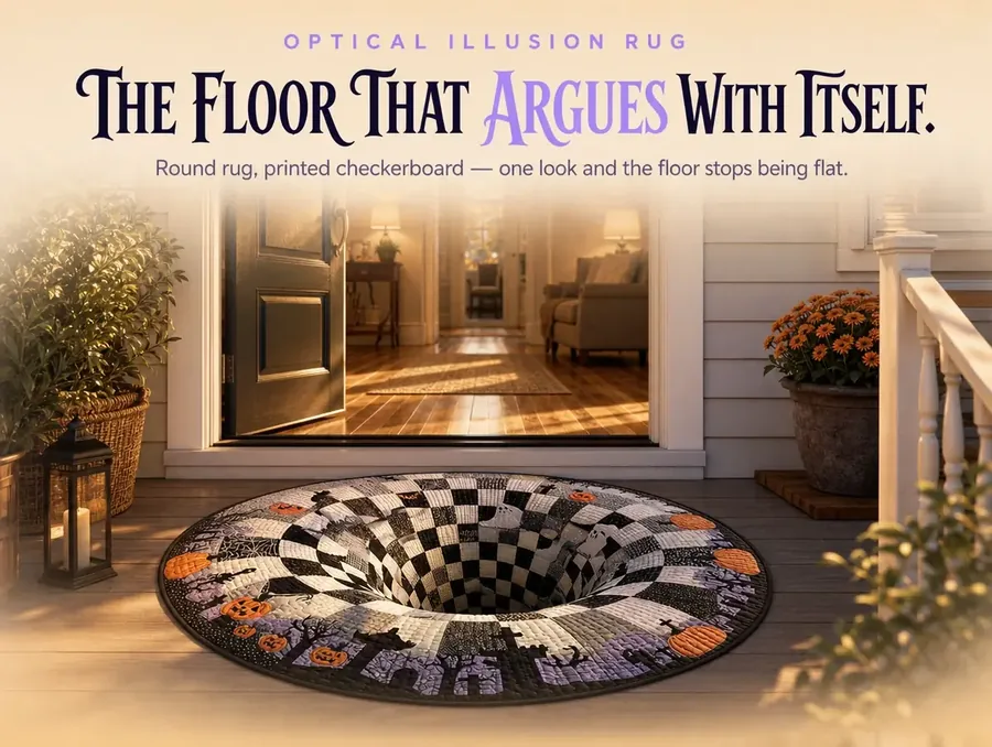 A round checkerboard illusion rug with carved pumpkins and ghosts laid across a porch entry at golden hour.
