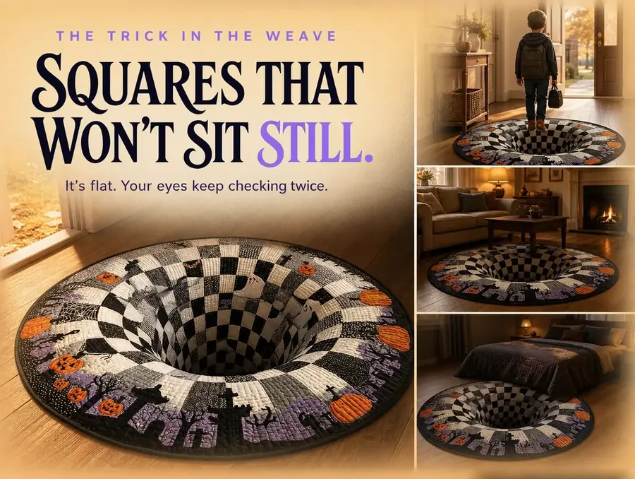 Macro angle on the checkerboard print showing the squares appear to tilt and lift though the rug is flat.