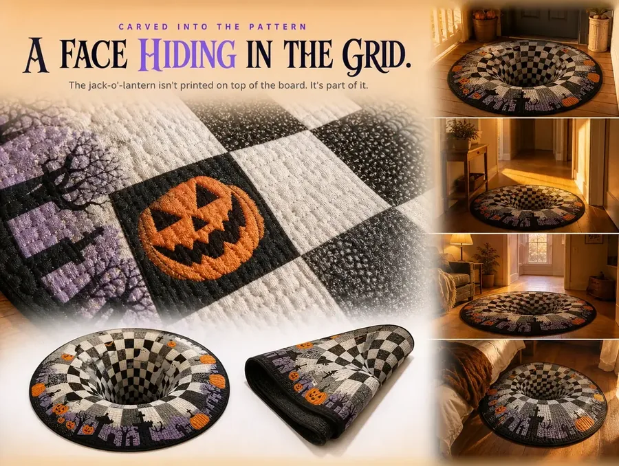 Close crop of the printed design showing a carved pumpkin face worked directly into a checkerboard square.