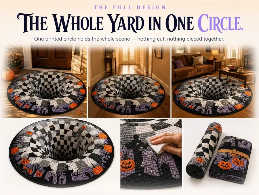 Top-down flat lay of the full round rug showing the entire checkerboard cemetery design at once.