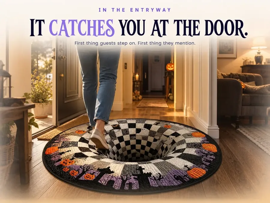A pair of feet stepping across the checkerboard illusion rug laid inside a home's entryway.