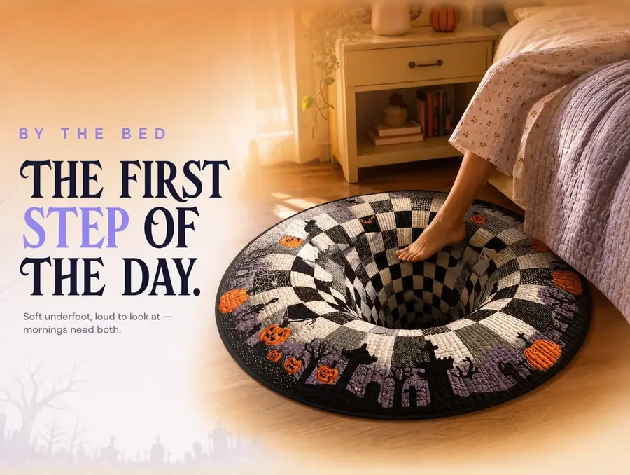 The illusion rug placed beside a bed with soft window light and a bare foot stepping toward it.
