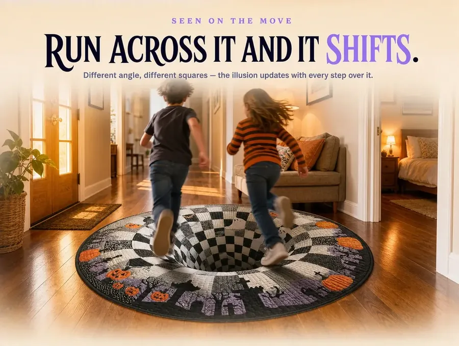 Two children running across the illusion rug in a hallway, the checkerboard appearing to shift with the angle.