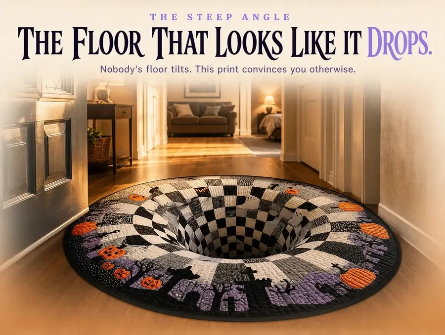 A steep low-angle shot down a hallway showing the checkerboard rug appearing to tilt and drop away.