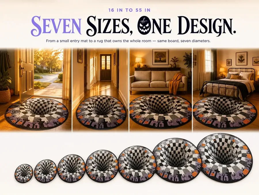 Overhead flat lay of the same illusion rug design in several diameters arranged from smallest to largest.