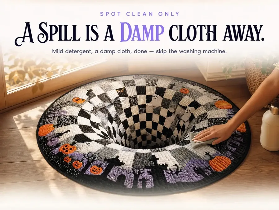 A damp cloth wiping a small spill off the rug's surface with a bottle of mild detergent nearby.