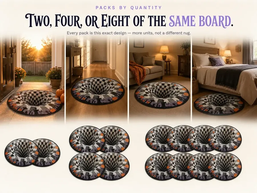 Three groupings of the identical illusion rug design shown in pairs of two, four, and eight.