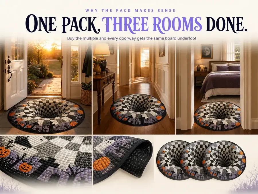 The same checkerboard illusion rug placed in an entryway, a hallway, and a bedroom in one home.