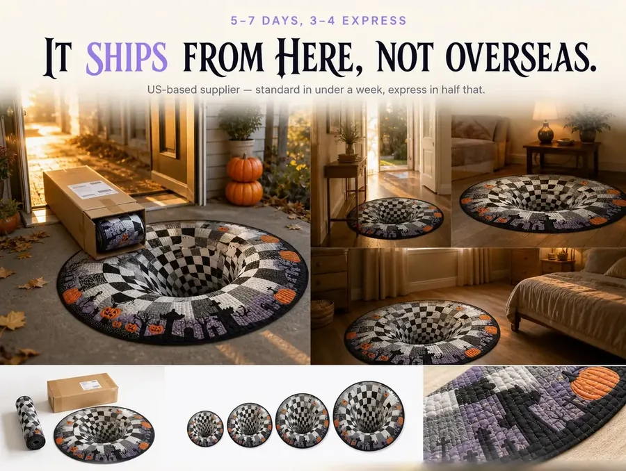 A packed box with the illusion rug rolled inside on a loading dock ready for US shipping.