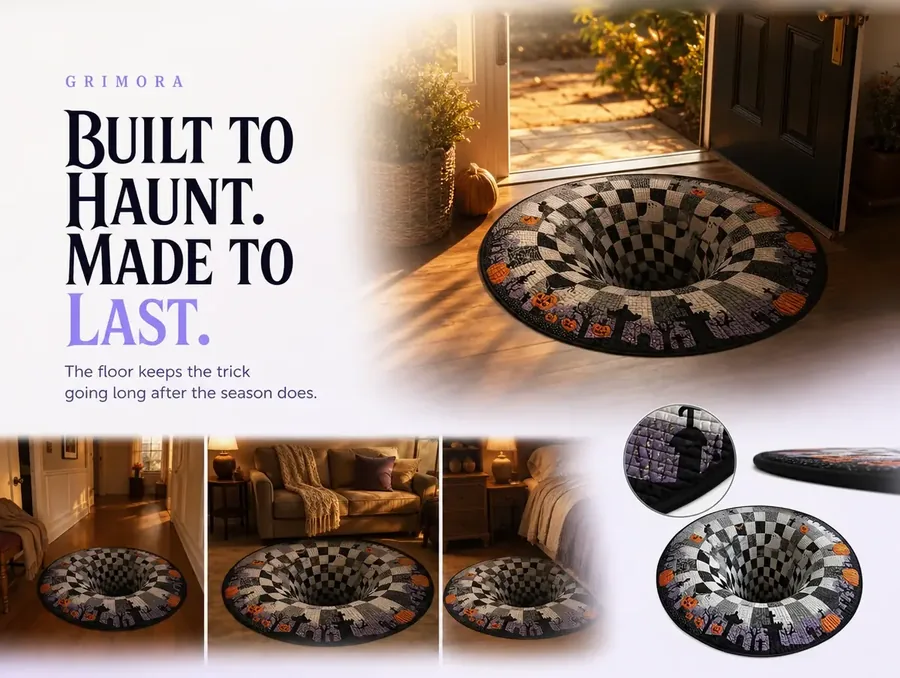 The illusion rug's pattern fading into the page's plain background beside the Veilmoor mark.