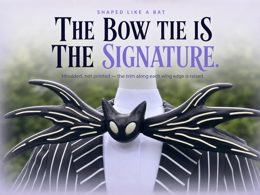 Close crop of the wide black bat-shaped bow tie against a white collar and pinstripe lapel.