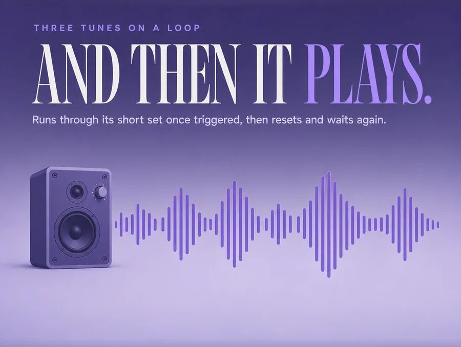 The figure cut out on a pale ground with a violet audio waveform running beside it.