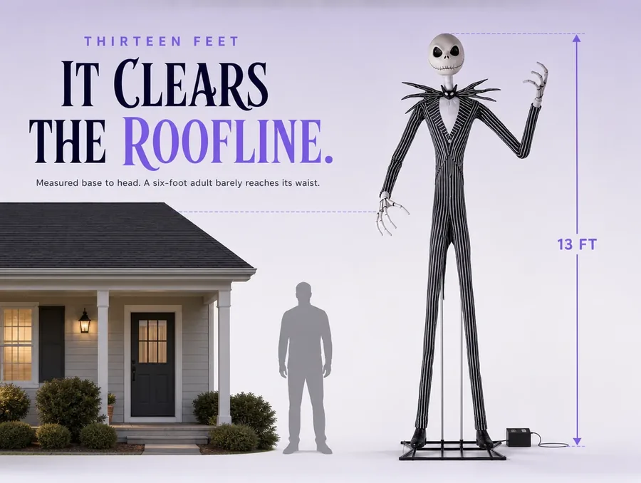 Size diagram: the figure at 13 ft beside a grey adult silhouette and a house roofline.