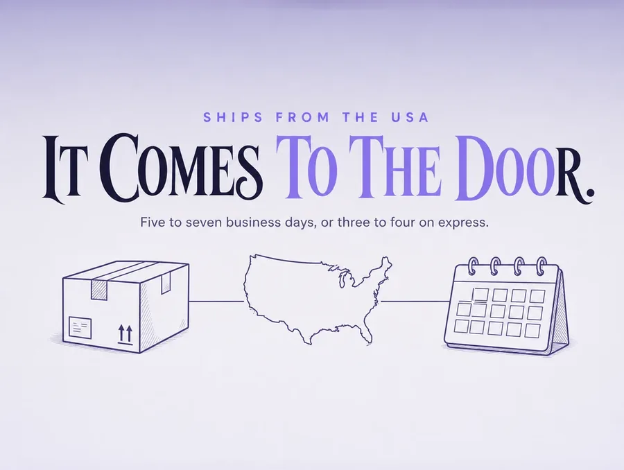 Flat line-art panel: a shipping carton, a map of the United States and a calendar page.