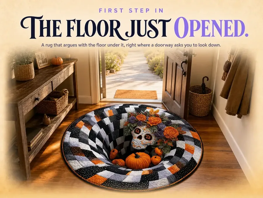A round illusion rug at a sunlit front door reading as a hole revealing a rose-crowned sugar skull below.