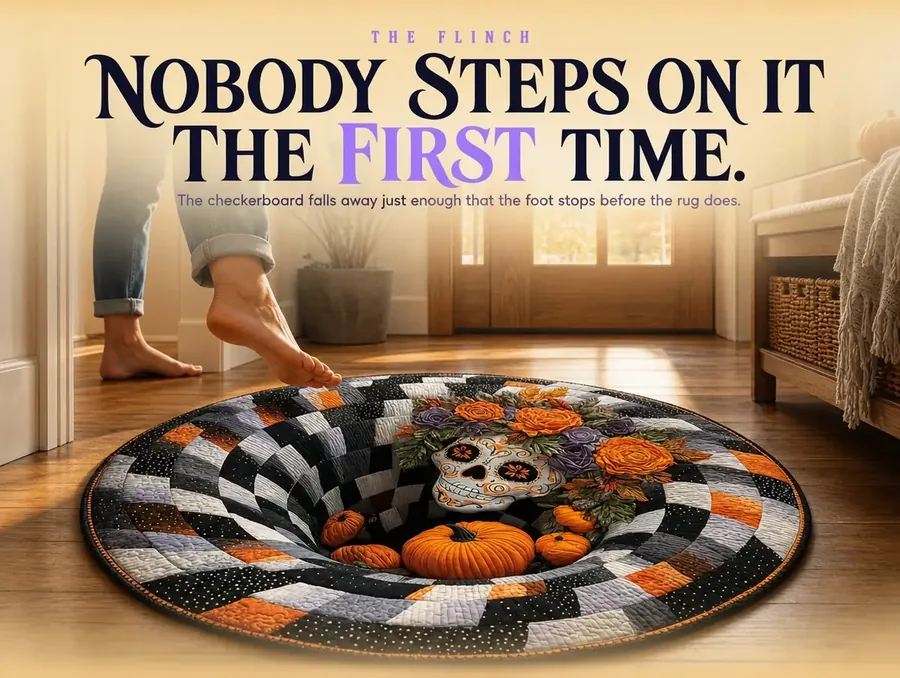 A bare foot hesitating above the illusion rug, the checkerboard shaft appearing to drop beneath it.