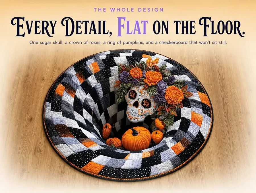 Overhead flat view of the round rug showing the rose-crowned sugar skull and checkerboard rings in full detail.