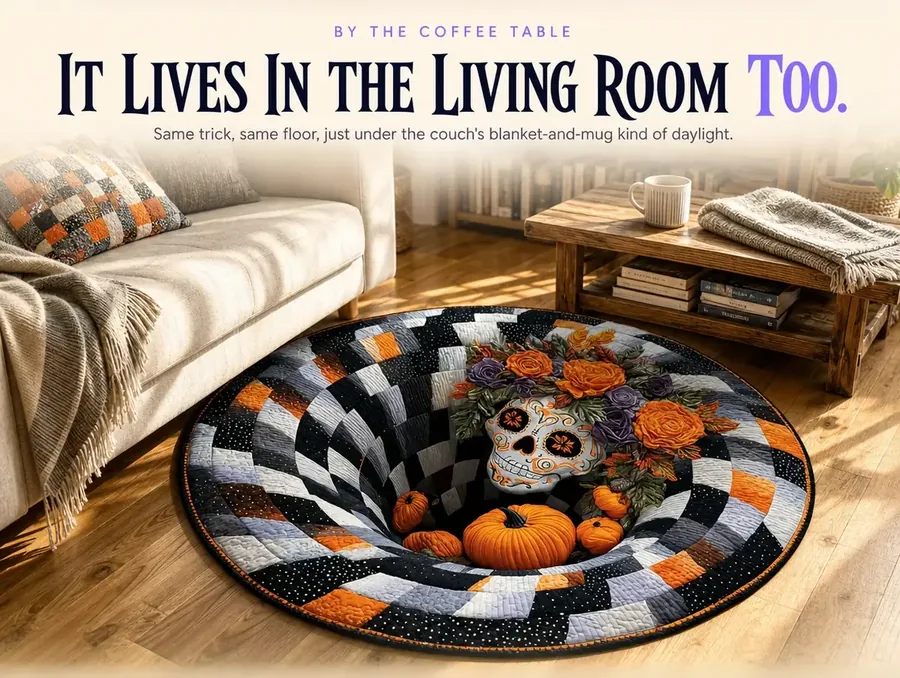 The illusion rug in a sunlit living room in front of a coffee table, next to a couch with a folded blanket.