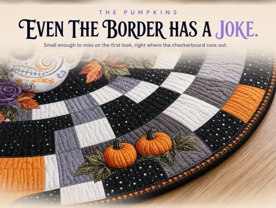 Close crop of small stylized pumpkins tucked between black, white and gray checkerboard tiles on the rug's rim.