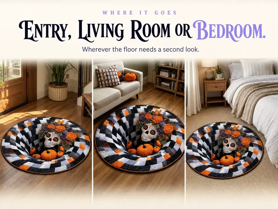 Three photographs of the illusion rug placed in an entryway, a living room and a bedroom.
