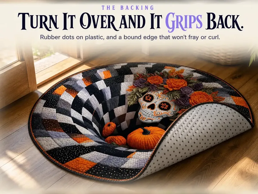 A lifted corner of the rug showing its rubber-dotted plastic backing and stitched locked edge.