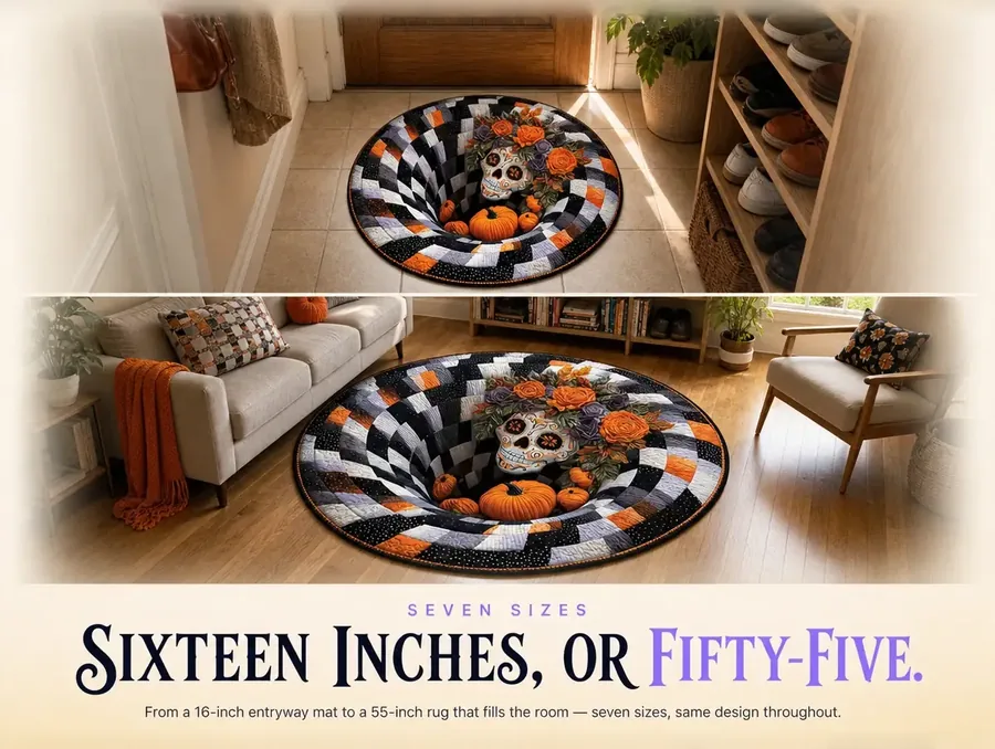 Two stacked photos comparing the smallest 16-inch entryway rug to the largest 55-inch version filling a living room.