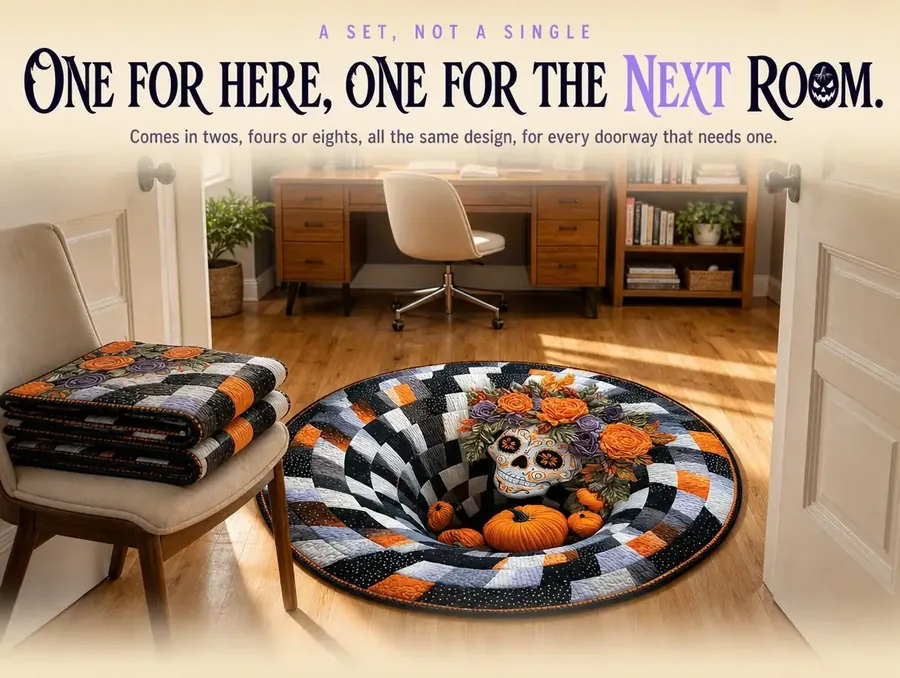 An illusion rug at a home office doorway with a second matching rug folded and stacked on a chair nearby.