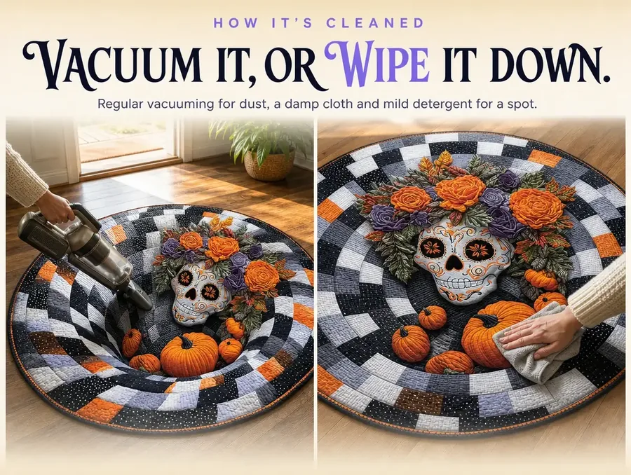 Split image of a handheld vacuum on the rug's surface beside a damp cloth wiping a spot near its edge.
