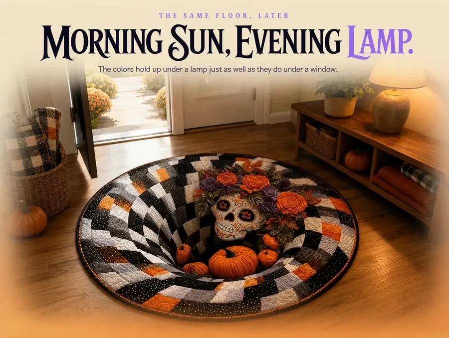 One image blending the sunlit entryway rug at top into the same rug under warm evening lamp light below.